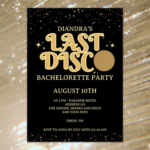 Last Disco Retro Gold Glitter 70s Bachelorette Invitation