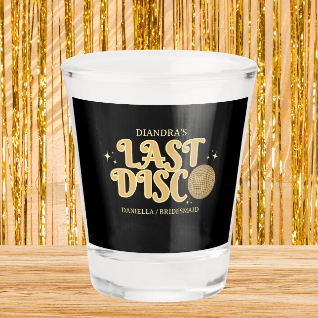 Last Disco Retro Golden & Black 70s Bachelorette  Shot Glass (Last disco golden glitter retro bachelorette party glass)