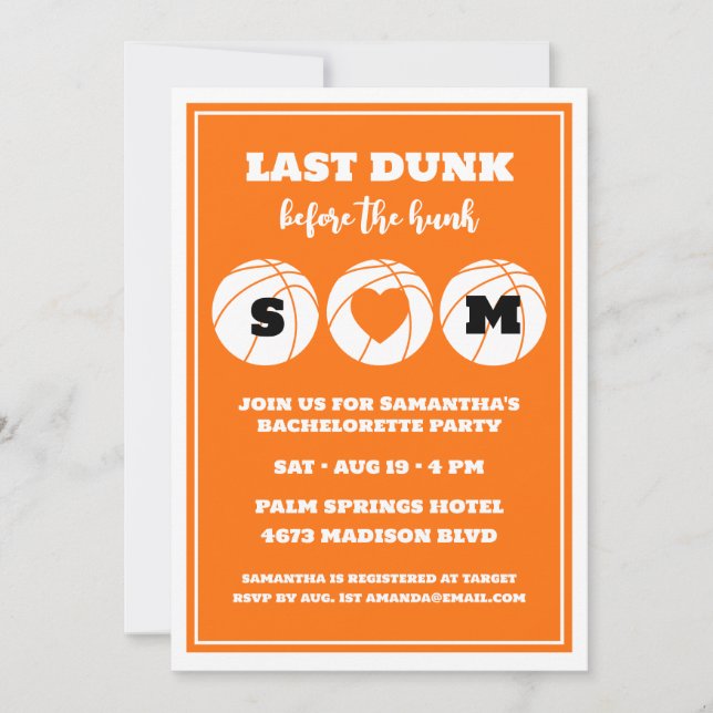 Last Dunk Before The Hunk Basketball Bachelorette  Invitation (Front)