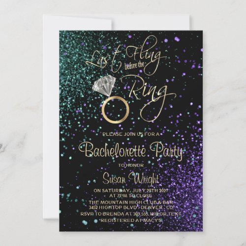 Last Fling Bachelorette Party in Teal  Purple Invitation