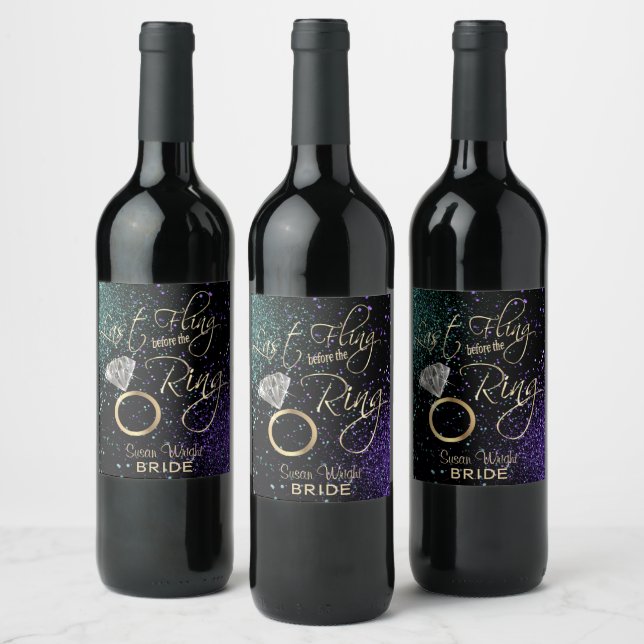 Last Fling Bachelorette Party -Teal & Purple Wine Label (Bottles)
