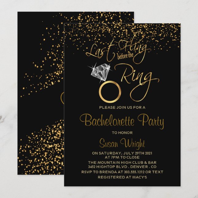 Last Fling Before the Ring Bachelorette - Gold Invitation (Front/Back)