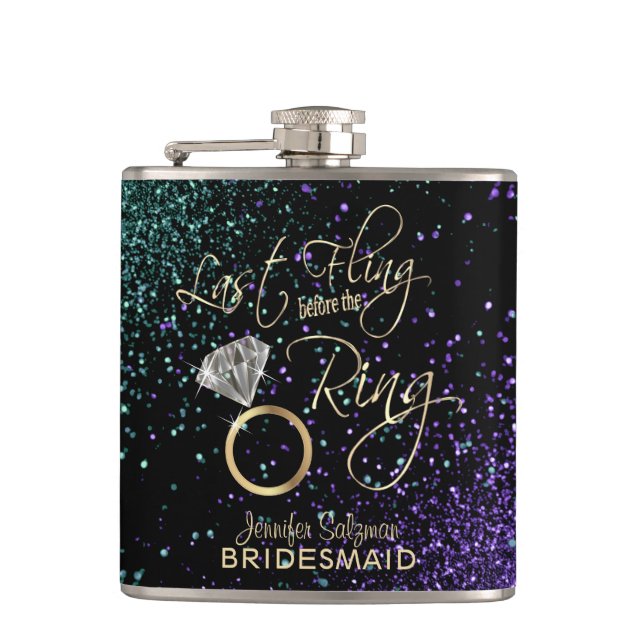 Last Fling before the Ring - Teal & Purple Flask (Front)