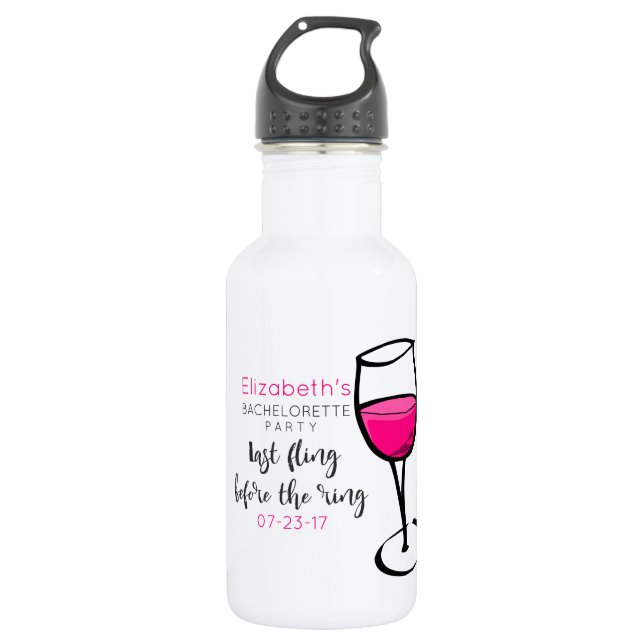 Last Fling Before The Ring Wine Glass Bachelorette Water Bottle (Front)