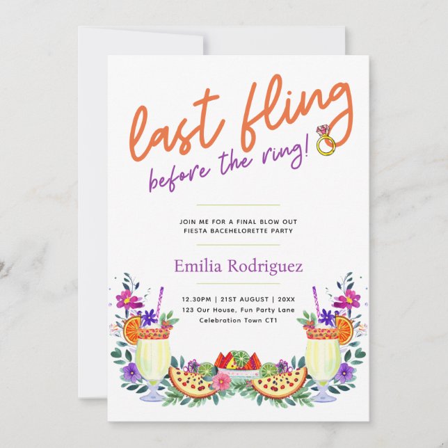 Last Fling Fiesta Cocktails Tacos Bachelorette Invitation (Front)