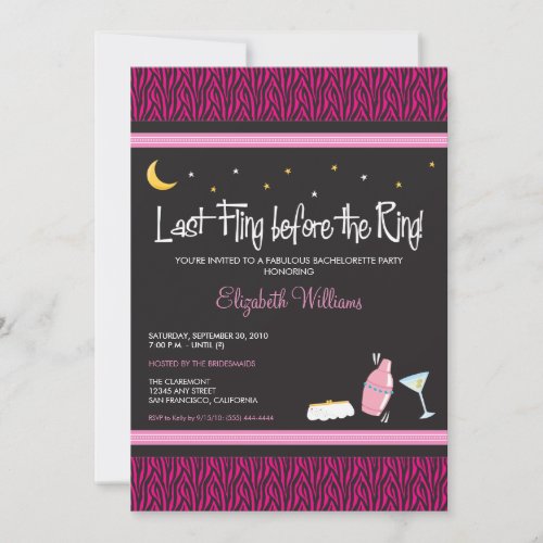 Last Fling Zebra Bachelorette Invitation (fuschia)