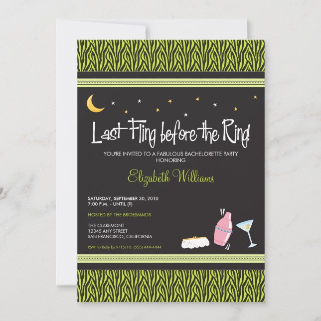 Last Fling Zebra Bachelorette Invitation (lime) (Front)