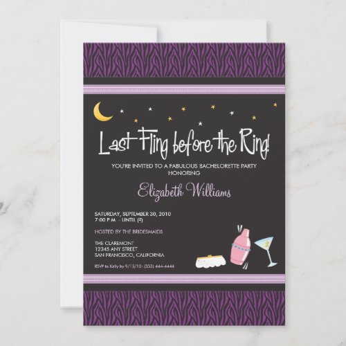 Last Fling Zebra Bachelorette Invitation (purple)