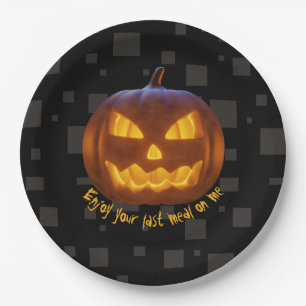 Last Meal Evil Pumpkin Orange Black Grey Halloween Paper Plates