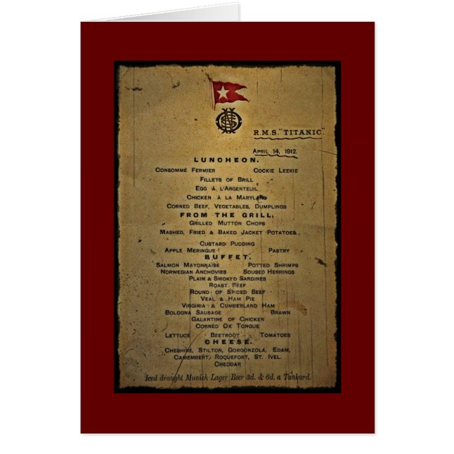 Last Menu RMS Titanic Cards (Front)