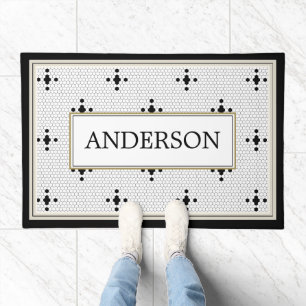 Last Name Black and White Tile Design Custom Doormat