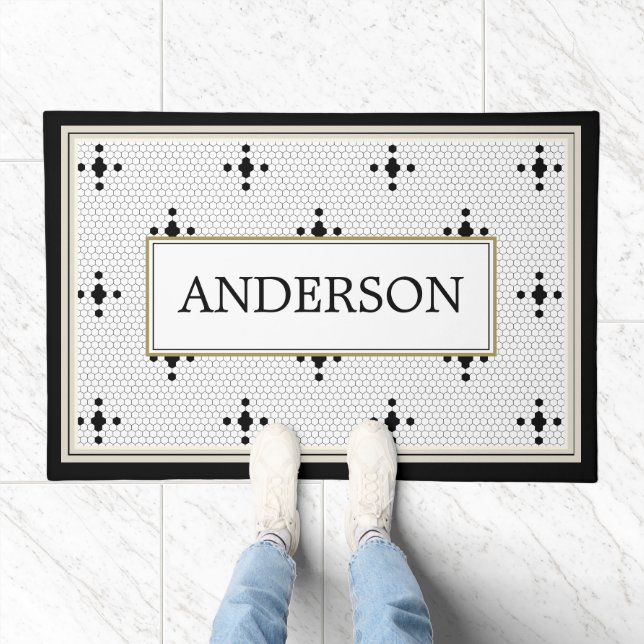 Last Name Black and White Tile Design Custom Doormat (Indoor)