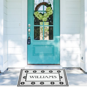 Last Name Black and White Tile Design Custom Doormat