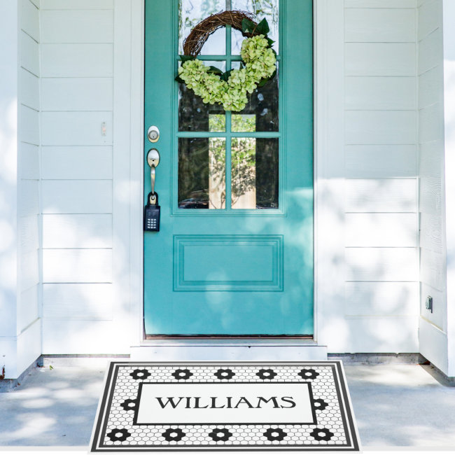 Last Name Black and White Tile Design Custom Doormat