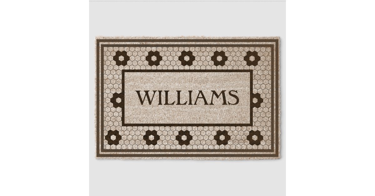 Last Name Black and White Tile Design Custom Fiber Doormat