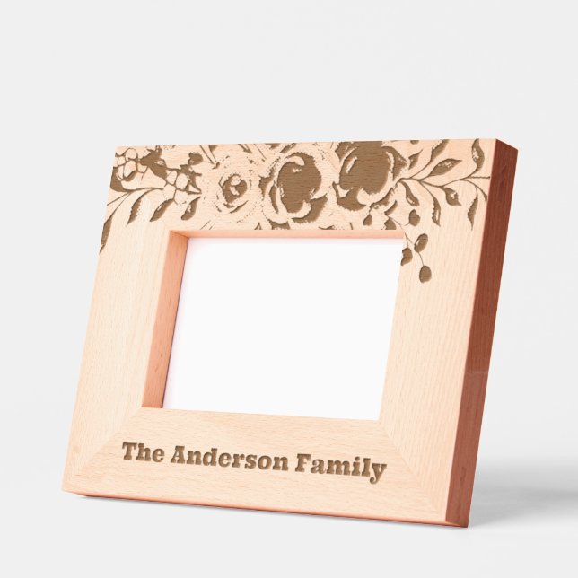 Last Name Cute Elegant Floral Script Typography  Engraved Frames (Left)