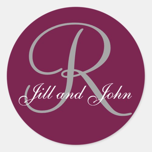 Last Name Initial R plus First Names Wine and Grey Classic Round Sticker