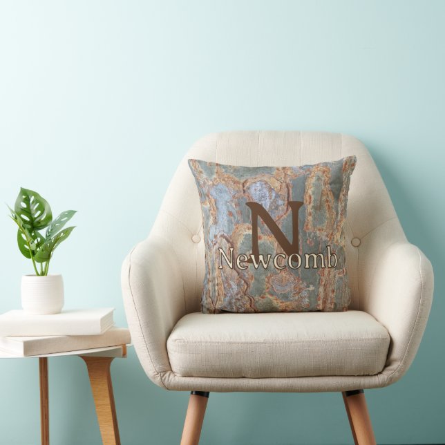 Last Name Monogram Initial Green Brown Tree Bark Throw Pillow (Chair)