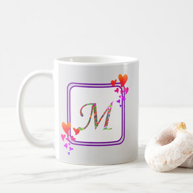 Last Name Purple Colorful Hearts Initial Monogram Coffee Mug (With Donut)