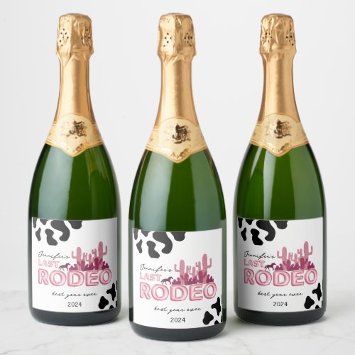 Last rodeo balloon font and cow print Cowgirl  Sparkling Wine Label