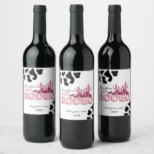 Last rodeo balloon font and cow print, cowgirl wine label