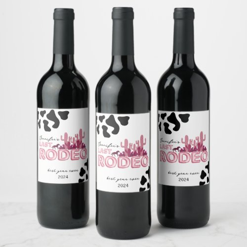 Last rodeo balloon font and cow print cowgirl wine label