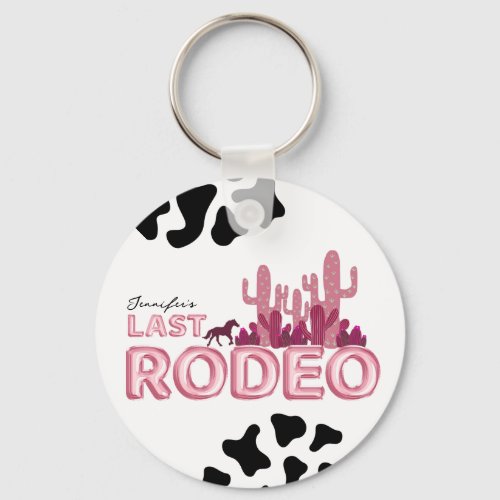 Last rodeo balloon font and cow print cute keychain