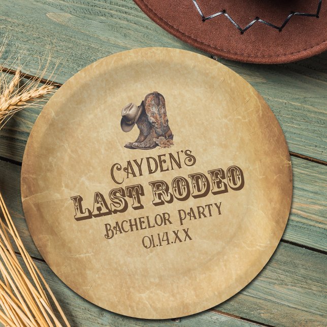 Last Rodeo Cowboy Grunge Brown Bachelor Party Paper Plates (Creator Uploaded)