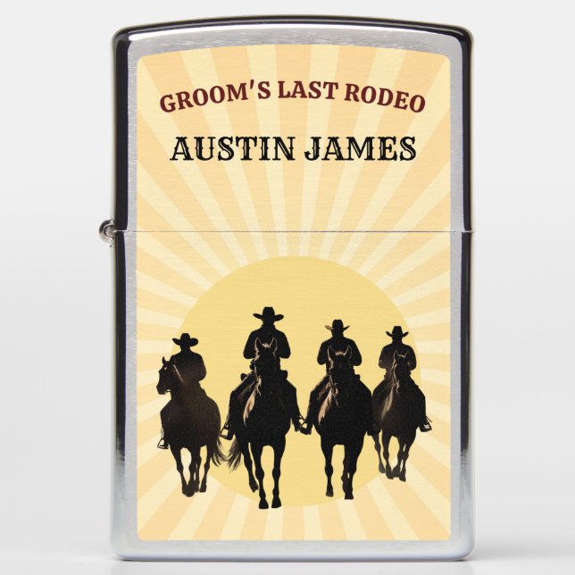 Last Rodeo Cowboys Sunset Groom's Name Bachelor Zippo Lighter (Front)