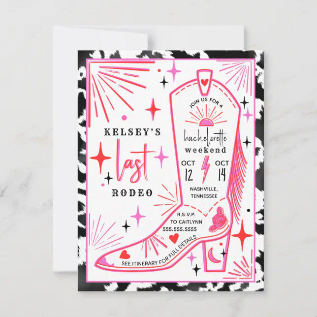 Last Rodeo Cowgirl Bachelorette Cowprint Itinerary Invitation | Zazzle