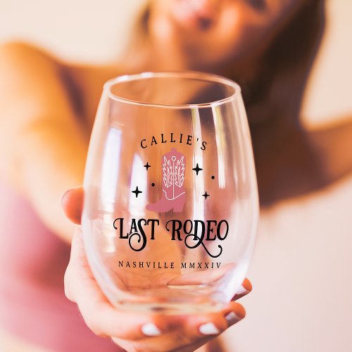 Last Rodeo Cowgirl Bachelorette Party Stemless Wine Glass