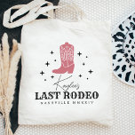 Last Rodeo Cowgirl Bachelorette Party Tote Bag<br><div class="desc">Welcome friends to your disco cowgirl or western themed bachelorette weekend with these cute personalized tote bags. Design features a dusty rose pink cowboy boot illustration with "last rodeo" beneath. Add your name,  location name and the year.</div>