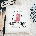 Last Rodeo Cowgirl Bachelorette Party Tote Bag<br><div class="desc">Welcome friends to your disco cowgirl or western themed bachelorette weekend with these cute personalized tote bags. Design features a dusty rose pink cowboy boot illustration with "last rodeo" beneath. Add your name,  location name and the year.</div>