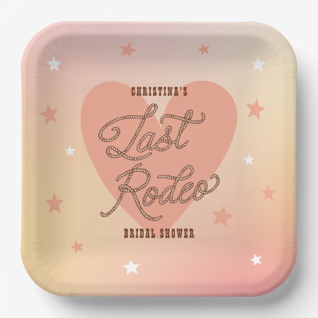 Last Rodeo Cowgirl Heart Cute Peach Bridal Shower Paper Plates (Front)