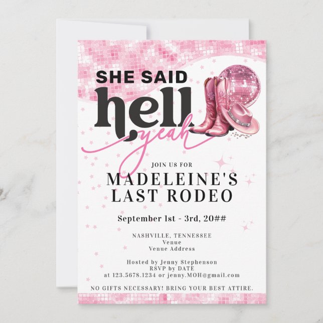 Last Rodeo Hell Yeah Cowgirl Bachelorette Itinerar Invitation (Front)