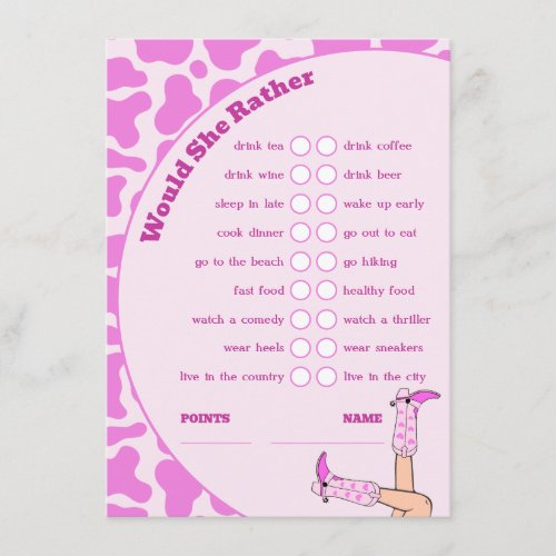 Last Rodeo Pink Cowgirl Bridal Shower Party Game Enclosure Card