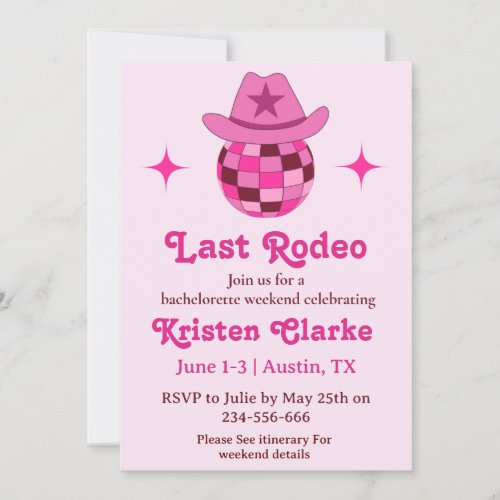 Last Rodeo Pink Disco Cowgirl Bachelorette  Invitation