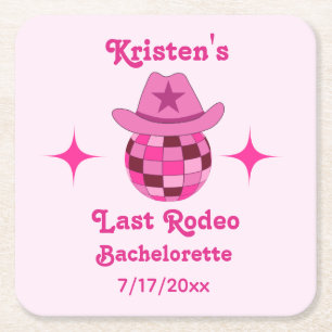 Last Rodeo Pink Disco Cowgirl Bachelorette Square Paper Coaster