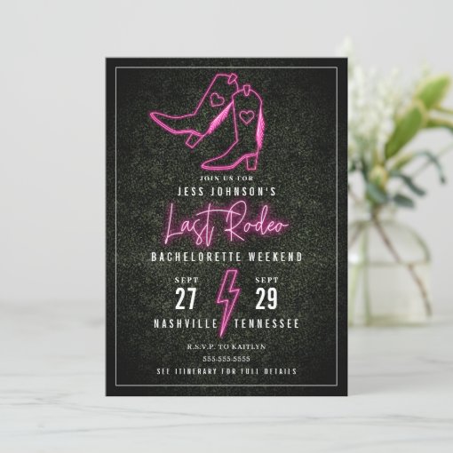 Last Rodeo Pink Neon Cowboy Boots Bachelorette In Invitation | Zazzle