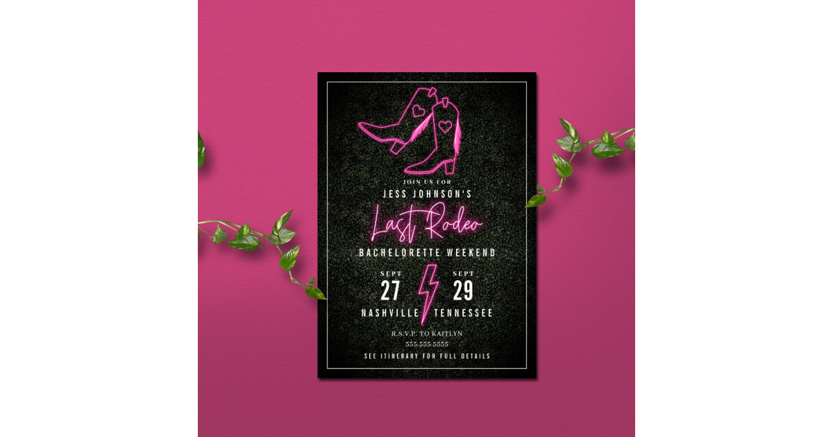 Last Rodeo Pink Neon Cowboy Boots Bachelorette In Invitation | Zazzle