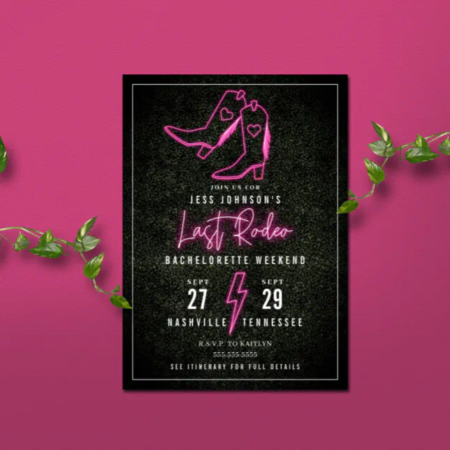 Last Rodeo Pink Neon Cowboy Boots Bachelorette In Invitation | Zazzle