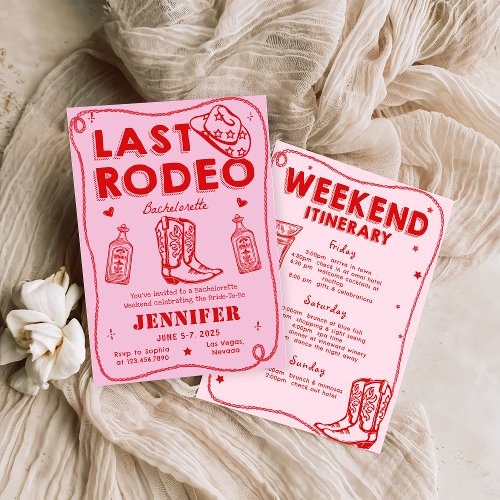 Last Rodeo Pink Red Cowgirl Bachelorette Weekend Invitation