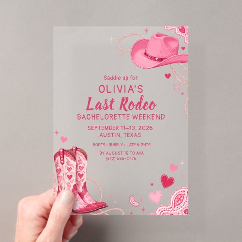 Last Rodeo Pink Western Cowgirl Bachelorette Acrylic Invitations