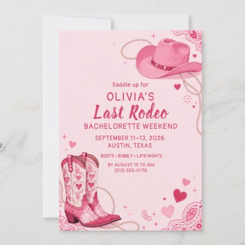 Last Rodeo Pink Western Cowgirl Bachelorette Invitation