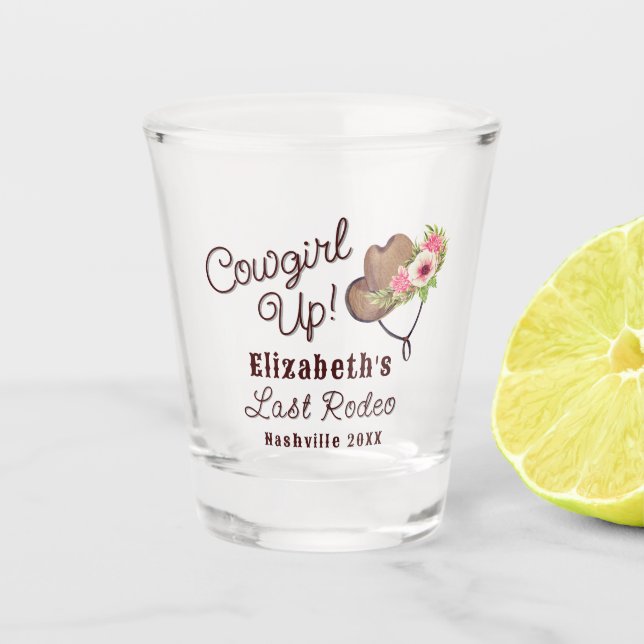 Last Rodeo Rustic Pink Cowgirl Up Bachelorette  Shot Glass (Front)