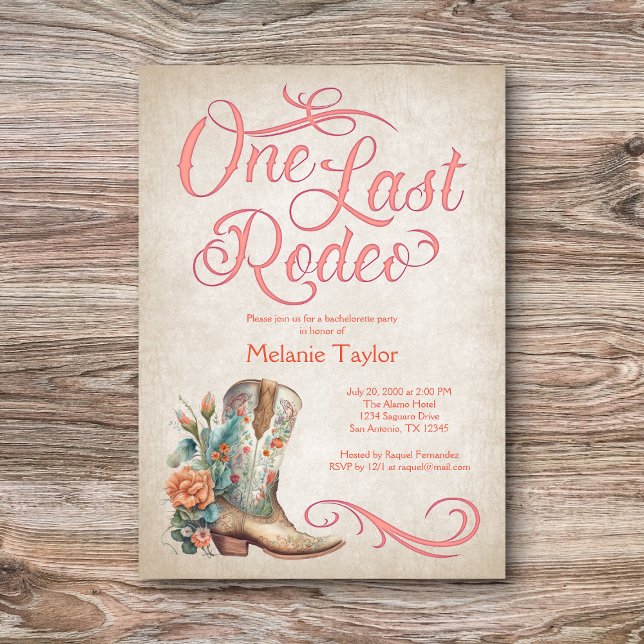 Last Rodeo Vintage Boot Bachelorette Party Invitation (Creator Uploaded)