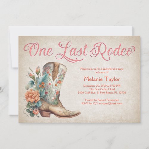 Last Rodeo Vintage Boot Bachelorette Party Invitation