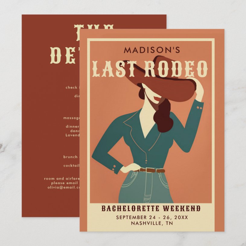 Last Rodeo Vintage Terracotta Cowgirl                    Bachelorette Invitation