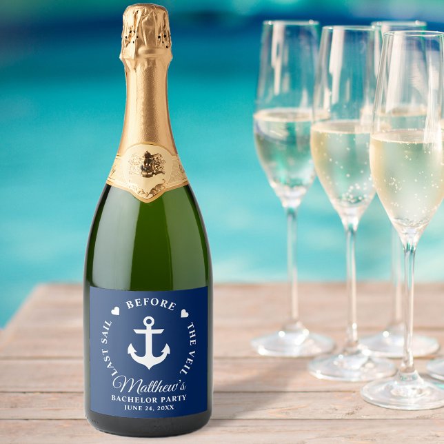 Last Sail Before The Veil Bachelor Party Sparkling Wine Label (Customize to change text size, text style or background color.)