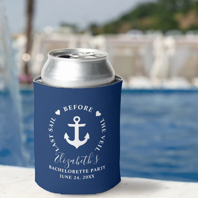 Last Sail Before The Veil Bachelorette Party Blue Can Cooler (Customize to change text size or text style.)